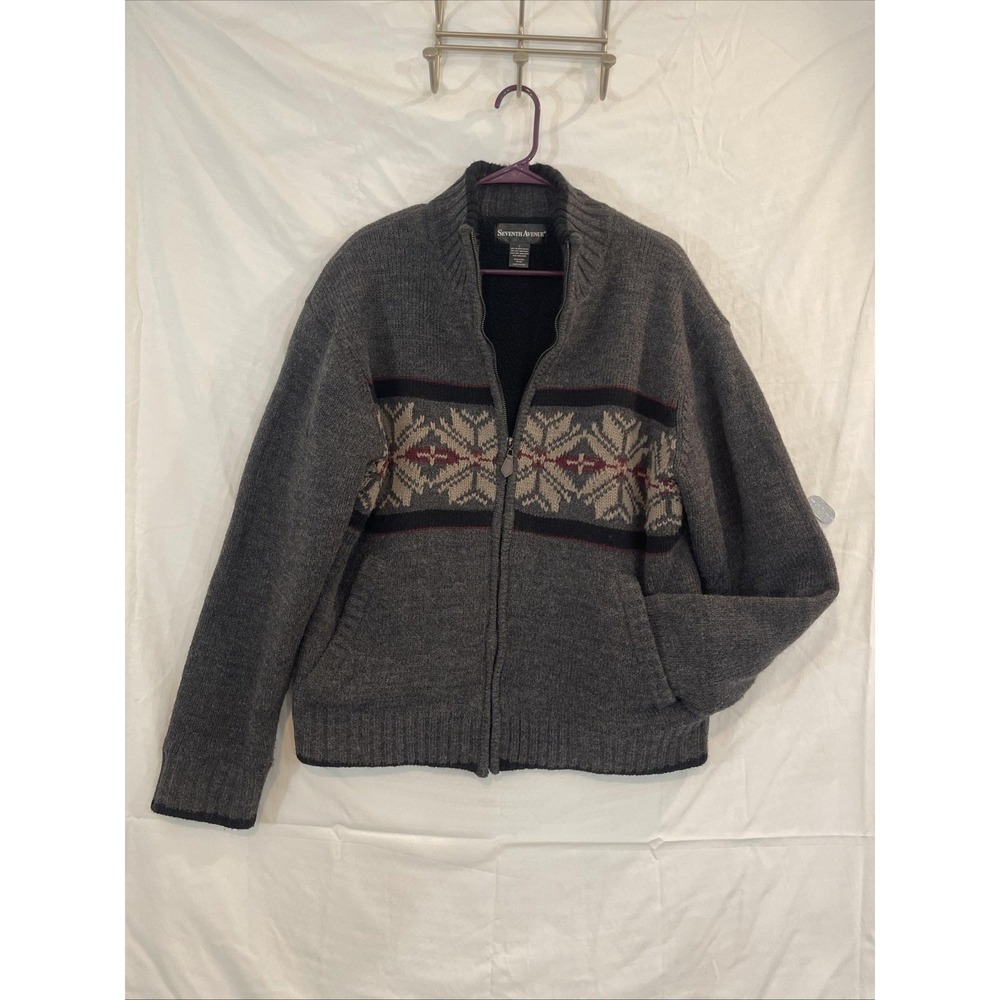 Seventh Avenue Sweater Mens Large Gray Full Zip‎ Fleece Lined Fair Isle Jacket